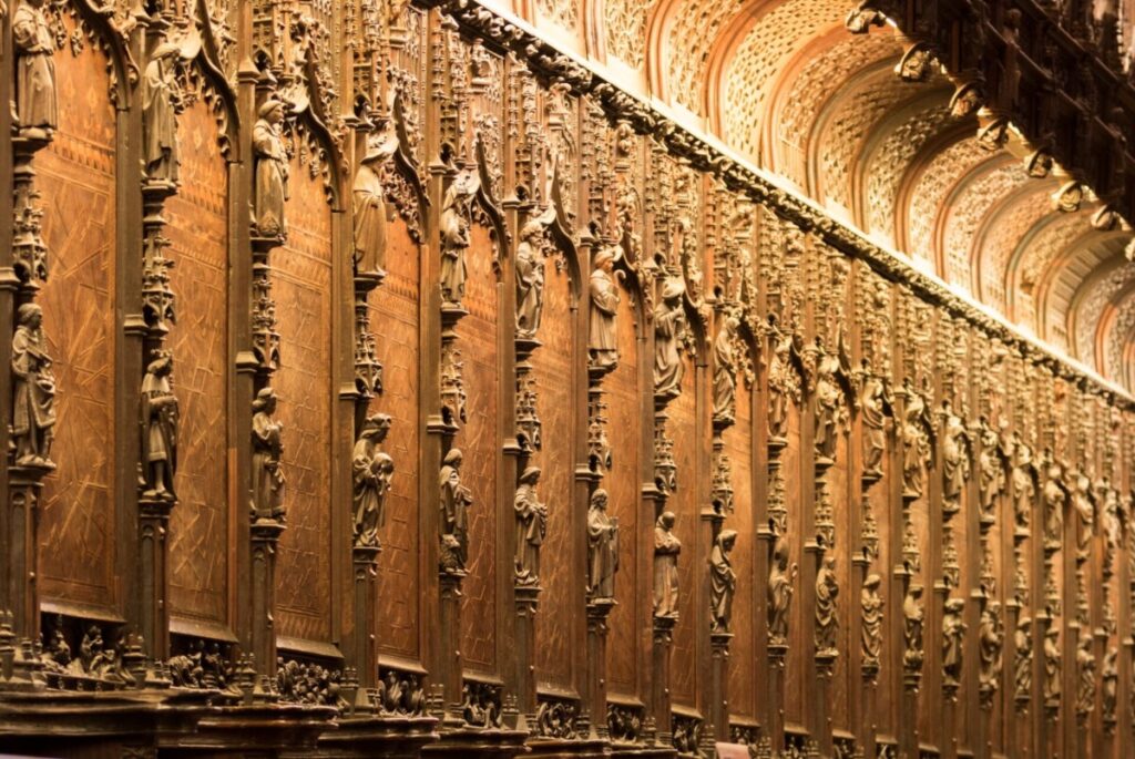 finely carved wooden choir inside the cathedral of Seville