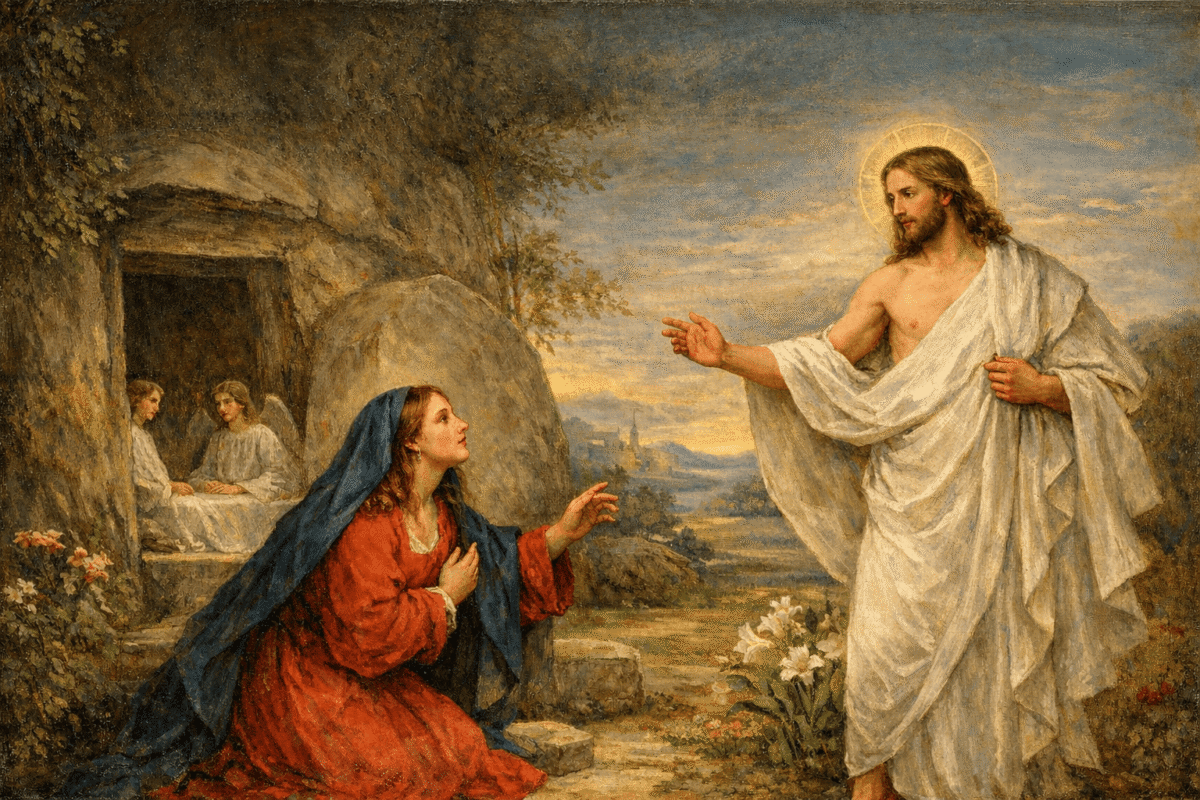 Maria alegria pascal — Maria Madalena reconhece o Ressuscitado junto ao sepulcro (Jo 20,16)