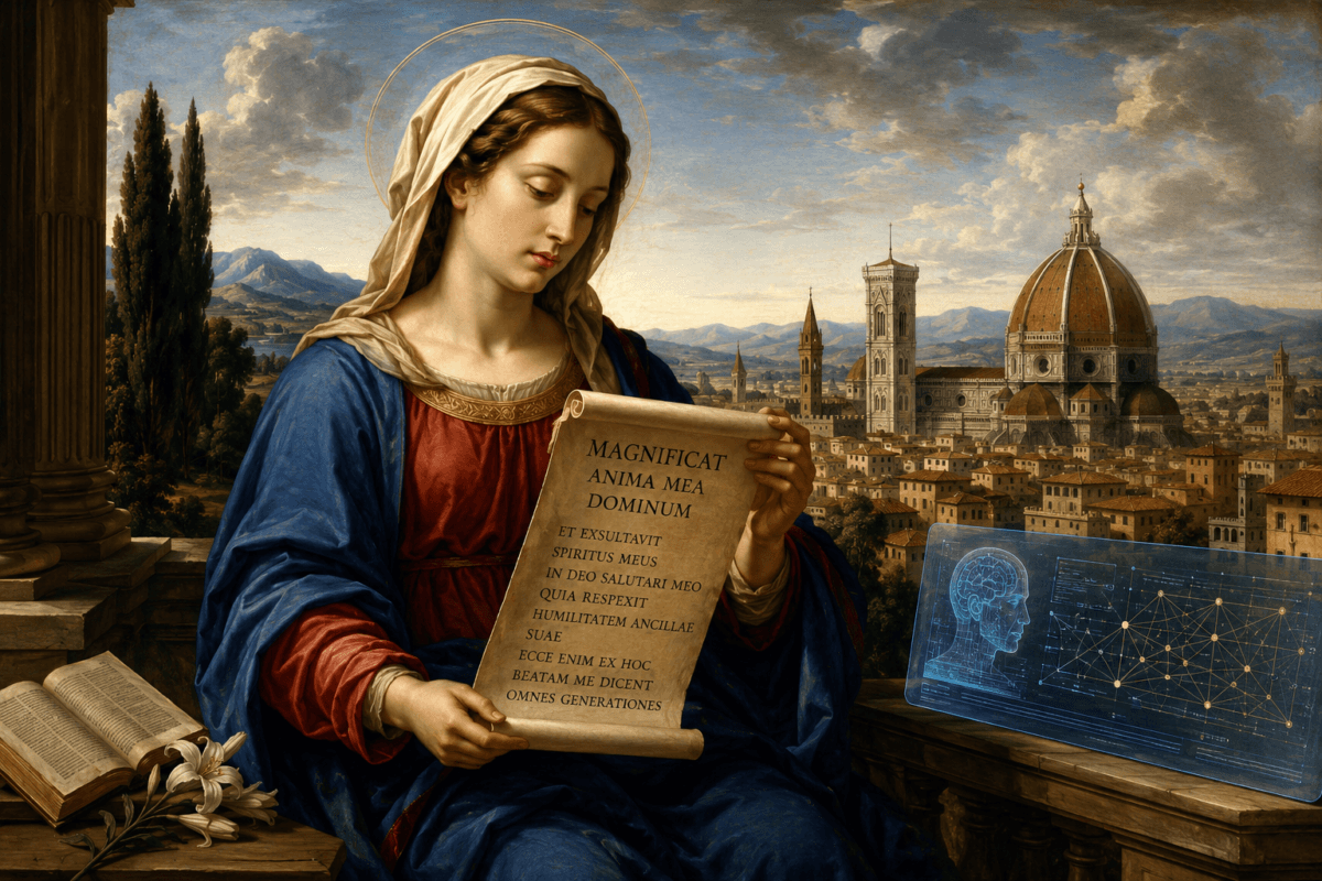 A Virgem Maria entoando o Magnificat, ícone mariológico da encíclica Magnifica Humanitas de Leão XIV sobre a dignidade humana na era da inteligência artificial